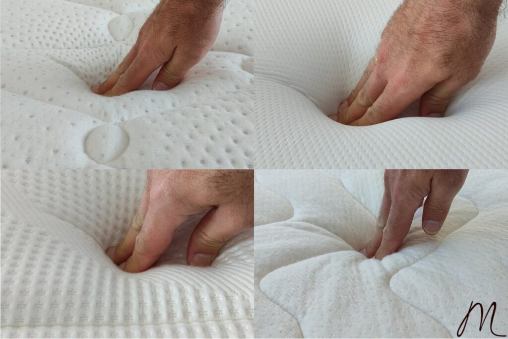 Hands showing different mattress firmness